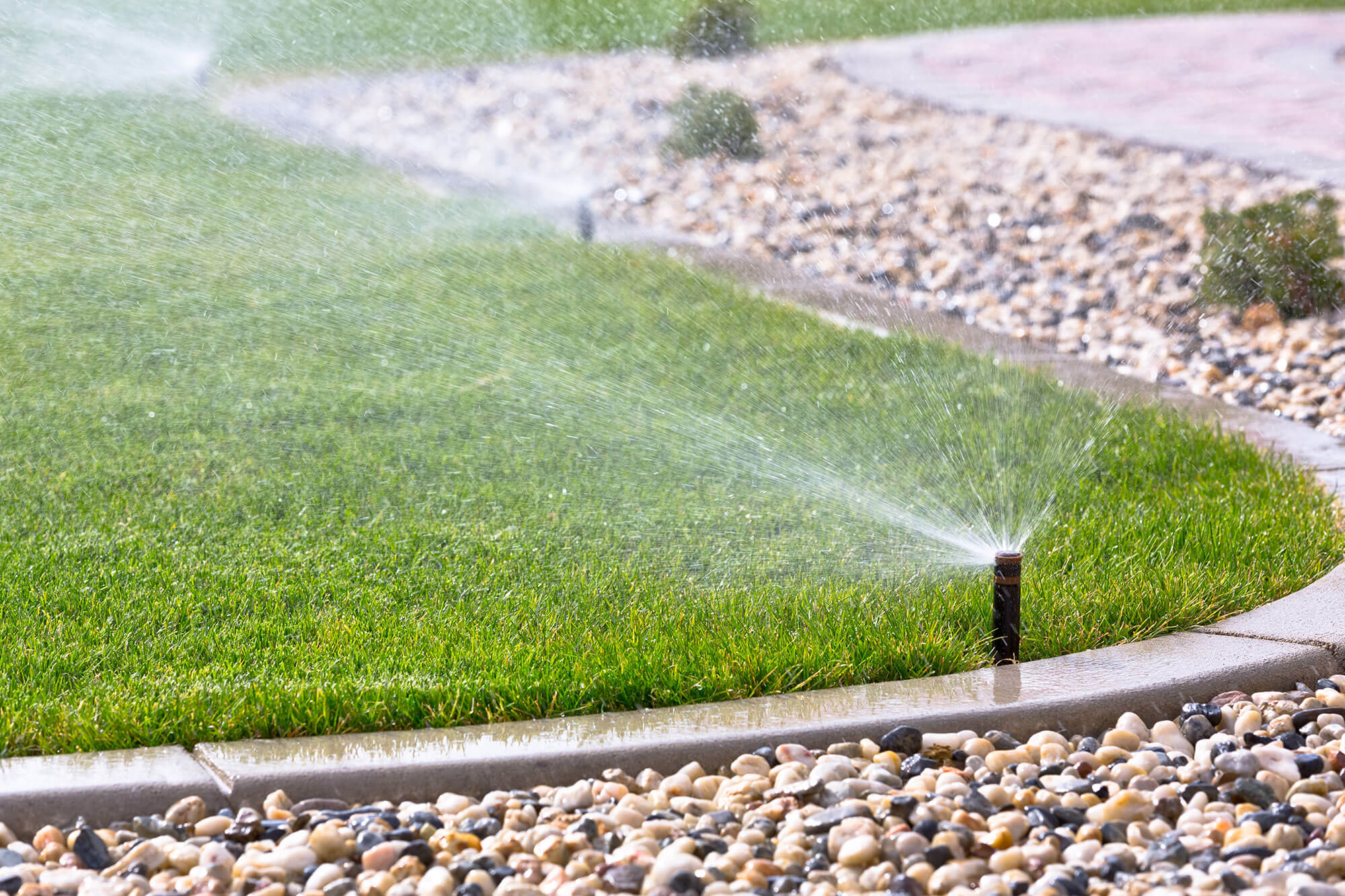 A garden sprinkler watering a vibrant lawn shows irrigation services in the Phoenix Metro Area.<br />
