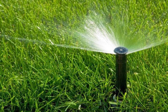 A sprinkler watering a healthy lawn represents irrigation services in the Phoenix Metro Area.
